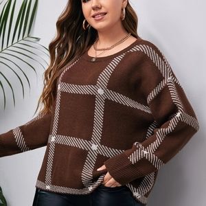 NEW Sweater Plaid Brown White Drop Shoulder Oversize PLUS OXL Shein Curve SOFT